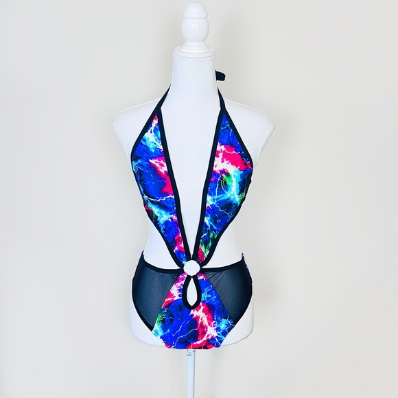 CrazedWear Sol Rainbow Electric Lightning Mesh Plunge Neck O-Ring Rave Bodysuit - Picture 1 of 10
